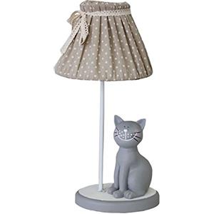Keyhomestore Lampada da Tavolo con Gattino in Legno Stile Rustico, Abat Jour Comodino con Paralume Tessuto Beige - Altezza cm 45 con Base di Appoggio, Ideale come Decorazione per Interni.