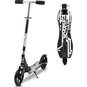 Cecaylie Monopattino con ruote Big Wheel, pieghevole, regolabile in altezza, per bambini e adulti, freno posteriore, scooter con tracolla, max. 100 kg, colore nero