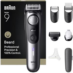 Braun Trimmer Barba Series 9, + 7 Strumenti Barbiere, Modalità PowerBoost, Lama ProBlade, 180 Min Autonomia, Gradiato, 50 Lunghezze, Rotella Di Precisione E Blocco, Impermeabile, BT9520, Cromo