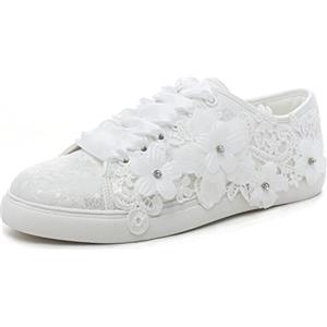 Elivandon 16054 Scarpe da Sposa Sneakers Flats Scarpe da Tennis da Sposa Fiori Pizzo Sneakers Colore Avorio, Taglia 35 EU