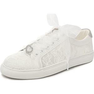 Elivandon 16053 Scarpe da Sposa Sneakers Flats Scarpe da Tennis da Sposa Fiori Pizzo Sneakers Colore Avorio, Taglia 37 EU