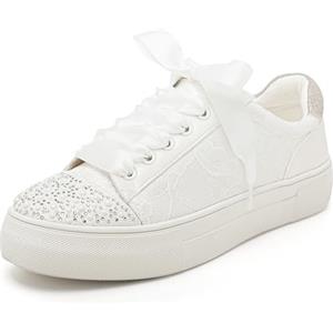 Elivandon 9994 Scarpe da Sposa Pizzo Sneakers da Sposa 3,7cm Piattaforma Sposa Scarpe da Tennis Sparkling Strass Sneakers da Sposa Colore Avorio, Taglia 38 EU