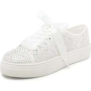 Elivandon 9995 Scarpe da Sposa Pizzo Sneakers da Sposa 3,7cm Piattaforma Sposa Scarpe da Tennis Sparkling Strass Sneakers da Sposa Colore Avorio, Taglia 37 EU