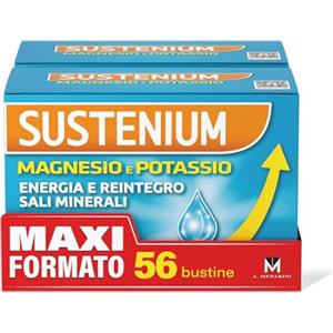 Sustenium Magnesio e Potassio - Integratore alimentare per reintegrare i Sali minerali e recuperare l'energia perduta, con Vitamina C. Confezione bipack da 56 bustine autosolubili