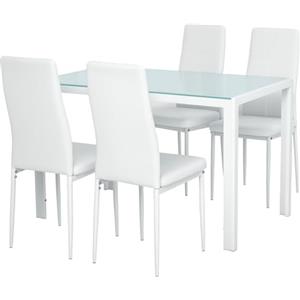 HOMCOM Set 5 Pezzi con 1 Tavolo e 4 Sedie per Cucina o Sala da Pranzo in Finta Pelle, Metallo e Vetro Temperato, Bianco