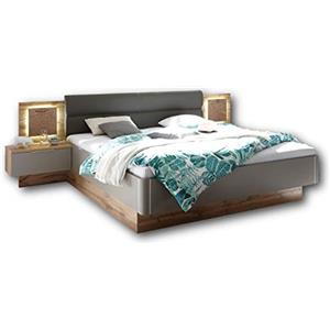 Stella Trading, Elegante letto matrimoniale, illuminazione a LED, 180 x 200 cm, set completo per la camera da letto in simil rovere naturale e grigio basalto, 305 x 96 x 205 cm (L x A x P)