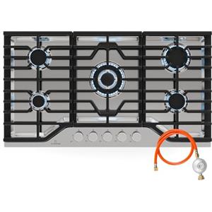 Klarstein Turbocast - Piano Cottura a Gas, 5 Bruciatori, Acciaio Inox 304, Wok: 3,4 kW, GPL, Accensione Elettrica, Supporti in Ghisa, Kit di Conversione Incluso, 910x85x510 mm