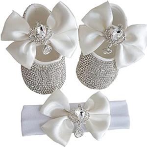 ISAKEN Neonata Scarpe e Fascia Battesimo Set Regalo 2 Pezzi, Scarpe Primi Passi Bimba, Scarpine Prima Infanzia, Set di Sandali e Fascia per Neonate Scarpe da Principessa per Bambina