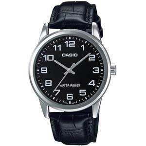 Casio Orologio da polso da uomo al quarzo classico cinturino in pelle nero cassa in ottone display analogico nero - MTP-V001L-1B