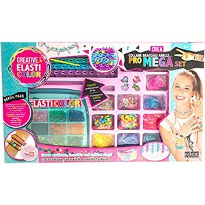 Nice Elasticolor Pro Mega Set - Crea collane, bracciali e anelli con telaio professionale, oltre 2400 elastici multicolore e 300 perline