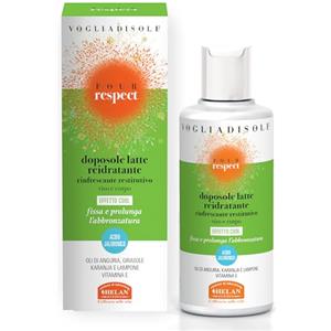 Helan, Vogliadisole Respect - Crema Doposole Corpo Idratante Profumata con Acido Ialuronico, Vitamina E, Olio di Anguria e Lamponi, Latte Dopo Sole Fluido Fresco Fissa e Prolunga Abbronzatura, 200 ml