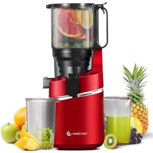 AMZCHEF Spremiagrumi automatico all-in-one, 250 W, apertura 145 mm e spremiagrumi da 1,8 l, per frutta e verdura, vincitore del test con triplo filtro - rosso intenso