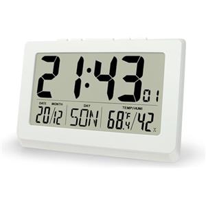 Lafocuse 10 LCD Display Orologio da Parete Digitale a Batteria, Orologio da Tavolo con Numeri Grande, Temperatura, Calendario, Allarme, Snooze, 12/24 Ore per Cameretta Soggiorno Cucina Casa, Bianco
