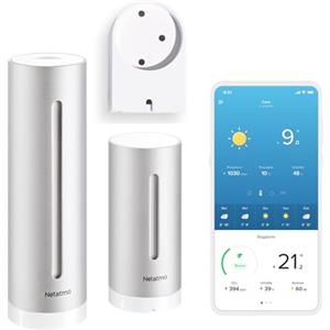Netatmo Stazione Meteo con Sensore Esterno Wireless con supporto a parete, Termometro, Igrometro, Barometro, Sonometro, Qualità dell'aria, Compatibile con Amazon Alexa, Apple e Google, NWS-AMZ