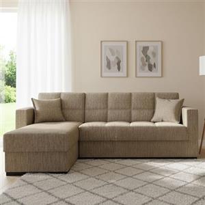 Dmora Divano Letto con penisola Fernando, Divano ad Angolo Reversibile, Sofà Contenitore da Soggiorno con Chaise Longue e 2 Cuscini, 230x150h81 cm, Beige
