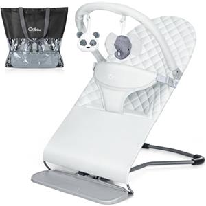 Orzbow Pieghevole Sdraietta Neonati, Portatile Dondolo Neonati per Attività All'aperto, Riponibile Altalena Neonato con 3 Posizioni, Barra Gioco & 2 Bambole, 0-12 Mesi, Fino a 9 Kg, Grigio