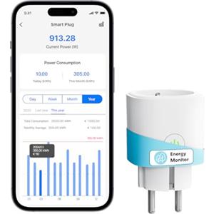 Meross Presa Smart WiFi con Monitoraggio Consumi, Presa Intelligente 16A, Presa Smart Schuko (Type F) Compatibile con Alexa, Google Home e SmartThings, Controllo Vocale e Remoto, 1 Pezzo