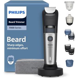 Philips Regolabarba Philips serie 7000 - Lame in metallo autoaffilanti, 40 impostazioni di lunghezza, tecnologia BeardSense, raccoglitore per peli, 100% impermeabile, rifinitore ampio, modello BT7670/15