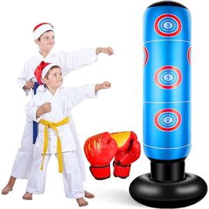 EQARD Sacco da Boxe Bambini con Guantoni da Boxe 160cm Sacchi da Boxe da Terra Gonfiabile Pungiball Regali per Bambini e Bambine dai 3 ai 12 Anni per Praticare Karate Taekwondo MMA (Blu)