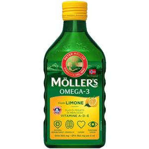 Moller's Omega 3 Olio di Fegato di Merluzzo Limone 250ml - Ricco in Omega-3 DHA ed EPA, Vitamine A, D ed E