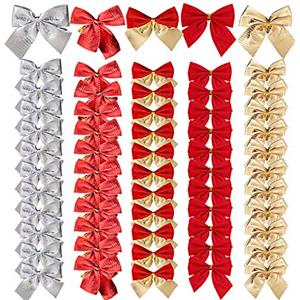 BHGT 60 Pz Fiocchi Natalizi Decorativi Fiocchetti Natalizie Decorazioni per Albero di Natale Ghirlanda Scatole Regalo Nascita Festa Matrimonio Capodanno Fai da Te Nastro Rosso Oro Argento