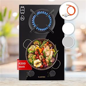 Klarstein Piano Cottura 2 Fuochi a Gas, Fornello Integrato 4200W, Vetro e Acciaio Inossidabile, GPL
