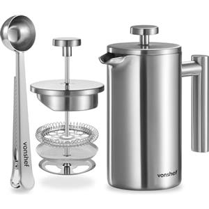 VonShef Caffettiera French Press da 3 Tazze, Doppia Parete in Acciaio Inossidabile da 350ml con Cucchiaio Dosatore/Clip Sigilla Busta, Macchina Caffè con Stantuffo e Filtro Lavabile in Lavastoviglie