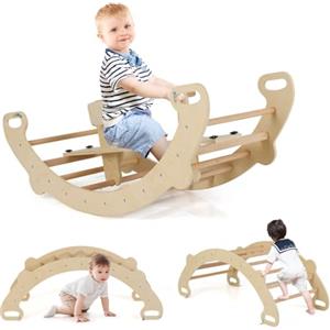 RELAX4LIFE 4 in 1 Arco da Arrampicata per Bambini, Cavallo a Dondolo in Legno, Triangolo Arcobaleno Transformabile in Tavolo, Giocattoli da Palestra Montessori per Bambini 1+ Anni (Naturale)