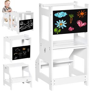 BAKAJI Scala Montessori 2in1 Bianco Staccabile Torre Montessoriana Sgabello e Lavagna