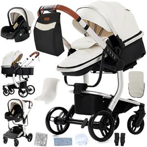 Doraystar Pelle PU Passeggino 3 in 1, Passeggino Trio con Due Modalità di Spinta Reversibile, Passeggino Neonati con Design Pieghevole in Un Clic, Trio Neonato Grande Nacelle Comoda (B518 White)