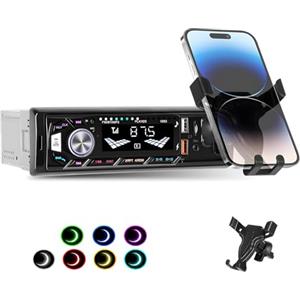 Inefala Radio 1 DIN con Supporto per Telefono, Stereo Auto Bluetooth 5.0 Vivavoce, Autoradio 1 Din con Telecomando/Luce a 7 Colori/Chiamata a Mani Libere/USB Ricarica Rapida/AUX-IN/TF, 45W X 4