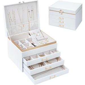 V-LAFUYLIFE Portagioie da donna, organizer per gioielli in pelle a 4 strati con 3 cassetti, grandi scatole per gioielli, molto spazio per anelli, collane, bracciali, orecchini (bianco)
