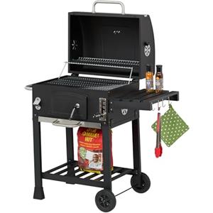 Relaxdays Barbecue Carbonella con Ruote e Coperchio, Griglia a Carbone, Grill BBQ, Altezza Regolabile, Nero Argentato, 90% Acciaio 10% plastica, 1 Pezzo