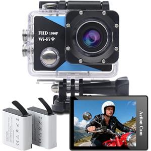 Nvgfelis WiFi Action Cam 1080P, Fotocamera Subacquea impermeabile 98FT/30M, Sports Cam con 2×1050 mAh Batteries Ricaricabili e Kit Accessori
