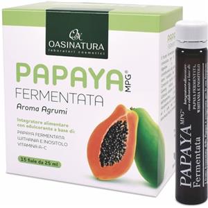 Oasinatura PAPAYA FERMENTATA pura da bere. Alto contenuto di Papaina e vitamina E, in fiale monodose concentrate Aumenta le difese immunitarie e forte azione antietà. Prodotto in Italia. 15 x 25 ml