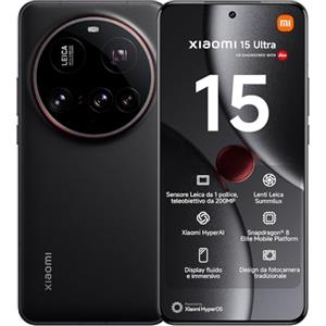 Xiaomi 15 Ultra Smartphone, 16+512GB, Nero, Lenti Leica Summilux, Sensore principale da 1 pollice, 200MP, Batteria da 5.410mAh, HyperCharge da 90W, HyperAI (Caricabatterie non incluso)