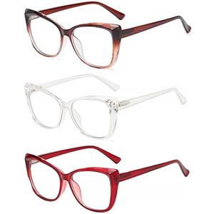 KoKoBin 3 Pacco occhiali da lettura con Occhio di Gatto, eleganti occhiali dalla montatura grande, comodi occhiali blu a prova di luce +3.5