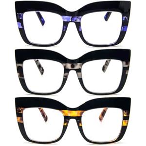 KoKoBin 3 Pack Retro Oversized Occhiali da lettura Occhiali da donna con occhio di gatto anti luce blu con Computer per Lettori (Confezione da 3, 3.5)