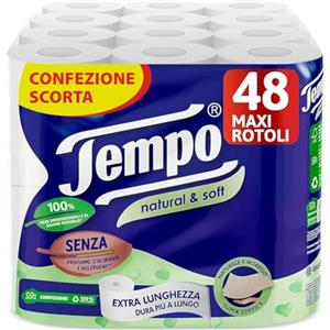 Tempo, Carta Igienica Natural & Soft, Morbida e Resistente, 48 Maxi Rotoli, Composti da 100% di Fibre Biodegradabili, Senza Profumo o Allergeni