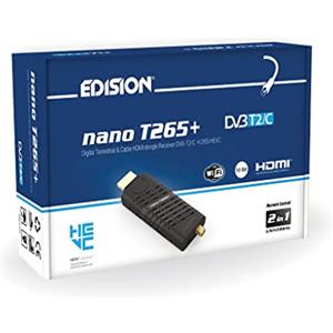 EDISION NANO T265+ Dongle Decoder Digitale Terrestre 2024 Decoder DVB-T2, Full HD, H265 HEVC, 10 Bit, FTA, USB, HDMI, Sensore IR, Supporto USB WiFi, Telecomando Universale 2in1, Main 10