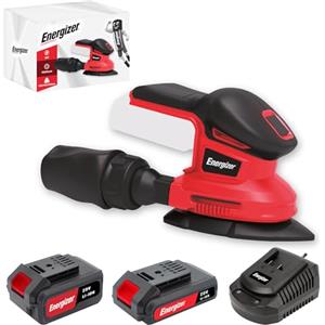 Energizer - Levigatrice Orbitale Multifunzione Triangolare Senza Fili 20V con Batterie Incluse - 10000 OPM, Sacchetto Aspirapolvere, 10 Fogli Abrasivi Inclusi (P60/80/120), Ideale per Finiture e Fa