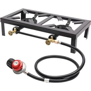 binxun Fornello a Gas da Esterno Nero Fornello a Gas 8000W Bruciatore Doppio in Ghisa con Tubo del Regolatore, Griglia a Gas Portatile da Campeggio per Campeggio Giardino BBQ Gambe Fisse Portatile