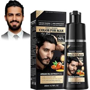 Chenzvora Shampoo Colorante Uomo 4 in 1, Colore Nero Naturale con Olio di Argan, Formula Delicata Senza Ammoniaca, Copre i Capelli Bianchi, 200ml, Facile e Veloce, Teinture Barbe (Nero)