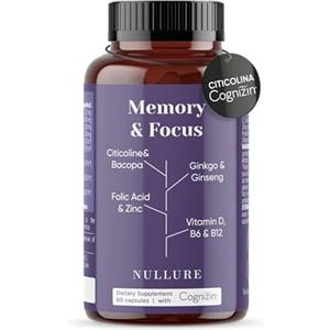 Nullure Nootropico | con Citicolina 250 mg COGNIZIN® | Integratore Memoria e Concentrazione | Testato da terzi | Vegano e Senza Additivi | con Ginkgo Biloba | 60 caps (1 mese) | Prodotto a Barcellona