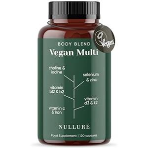 Nullure Multivitaminico Completo Vegano - 4 mesi | Integratori Vitamine Vegani - Formulato per dieta vegana | Vitamina B12 + Vitamin D3 K2 vegan + Ferro + Iodio + Zinco + Selenio e Colina