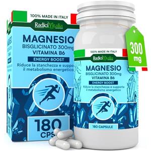 Eurocali Magnesio Bisglicinato 300mg Integratore con Vitamina B6 180 Capsule per Stanchezza e Affaticamento Forma Chelata Supporta Ossa Denti Funzione Muscolare e Sistema Nervoso RadiciVitalia Made in Italy