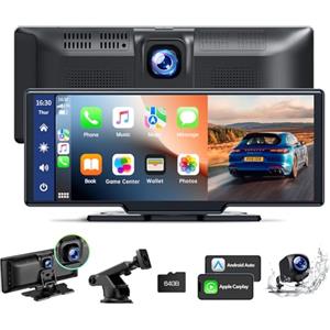 LAMTTO Autoradio Senza Fili Carplay&Android Auto con Dashcam, 2.5K Fotocamera Anteriore & Backup, Portatile 9,26 Pollici Touchscreen Auto Stereo Ricevitore con 64G TF, BT/AUX, Mirror Link, Navigatore