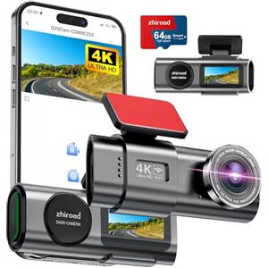 zhiroad Dash Cam Auto, 4K Dashcam con 64G Scheda, Dashcam Auto con WiFi & App, Telecamera per Auto 170°, Schermo 1,47", WDR, Visione Notturna, Modalità Parcheggio, Sensore di Gravità, Registrazione in Loop
