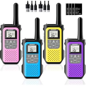 NXGKET Walkie Talkie per Adulti Bambini, NXGKET Walky Talky Ricaricabile, Lungo Raggio Radio a 16 Canali con Batteria Agli ioni di Litio, Cavo USB-C, VOX per Campeggio e Escursionismo, Set da 4 Pezzi