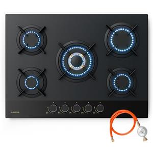 KLARSTEIN Goldflame Nano - Piano Cottura a Gas, 5 Bruciatori in Ottone, 70 cm, Vetro Nano, 10,4 kW, Bruciatore Wok, Accensione Automatica & Protezione Fiamma, Convertibile GN/GPL, Manopole in Metallo